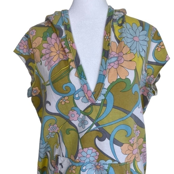 Lucky Brand Y2K Sweatshirt Cap Sleeve Hooded Vest Groovy Flower Power 70s Print - Picture 3 of 16